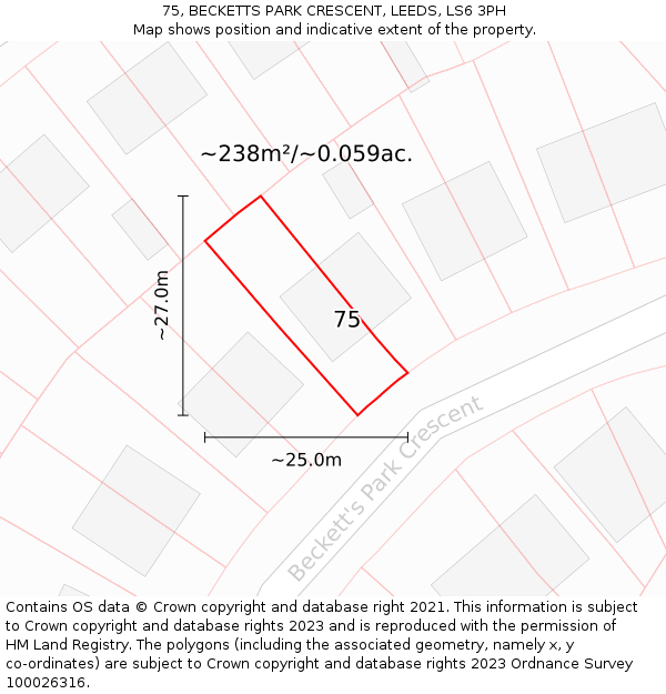 75, BECKETTS PARK CRESCENT, LEEDS, LS6 3PH: Plot and title map