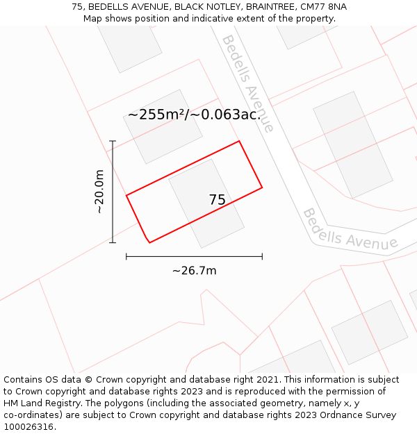 75, BEDELLS AVENUE, BLACK NOTLEY, BRAINTREE, CM77 8NA: Plot and title map