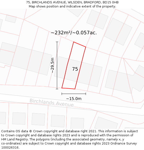 75, BIRCHLANDS AVENUE, WILSDEN, BRADFORD, BD15 0HB: Plot and title map