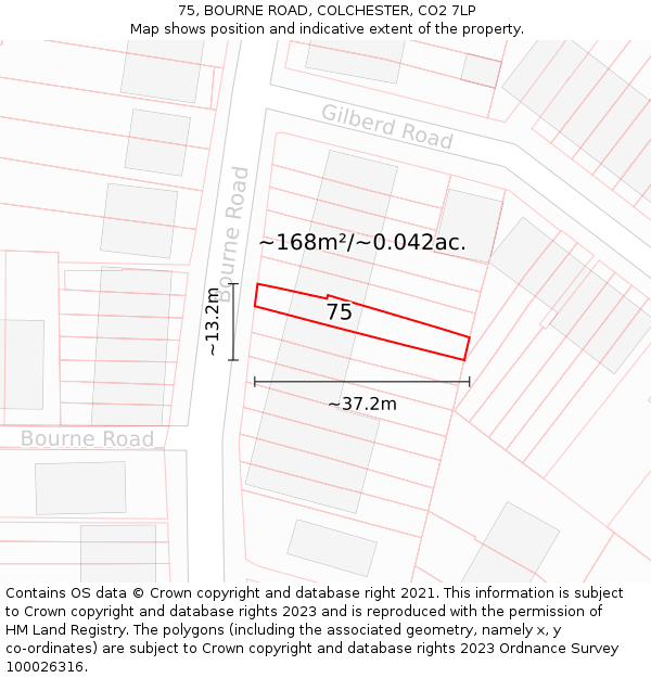 75, BOURNE ROAD, COLCHESTER, CO2 7LP: Plot and title map