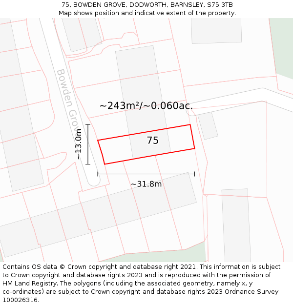 75, BOWDEN GROVE, DODWORTH, BARNSLEY, S75 3TB: Plot and title map