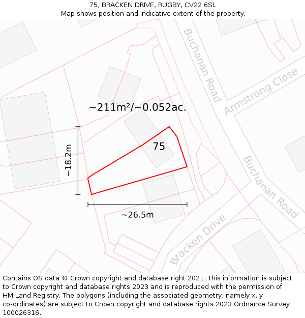 75, BRACKEN DRIVE, RUGBY, CV22 6SL: Plot and title map