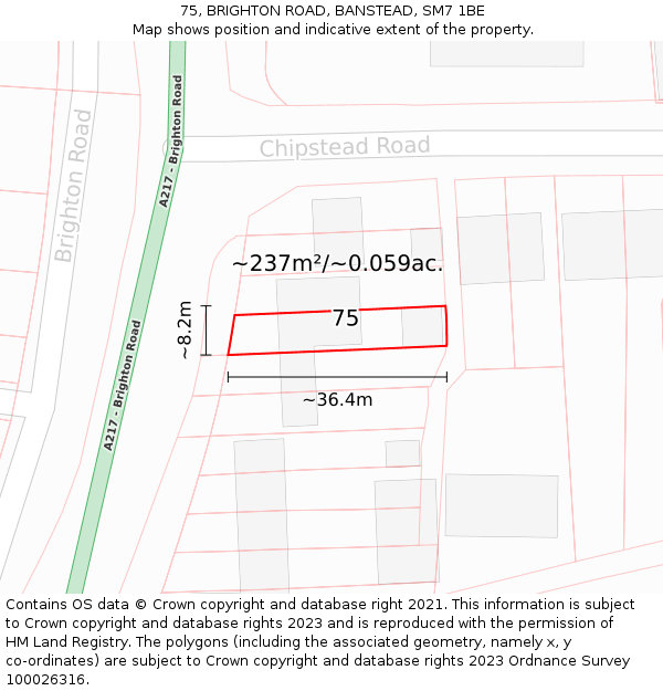 75, BRIGHTON ROAD, BANSTEAD, SM7 1BE: Plot and title map