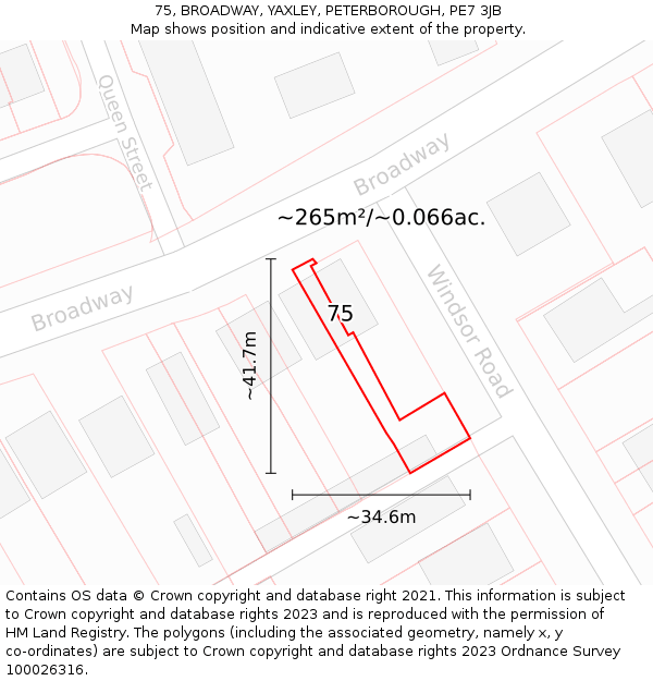 75, BROADWAY, YAXLEY, PETERBOROUGH, PE7 3JB: Plot and title map