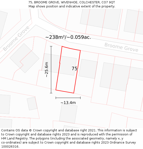 75, BROOME GROVE, WIVENHOE, COLCHESTER, CO7 9QT: Plot and title map