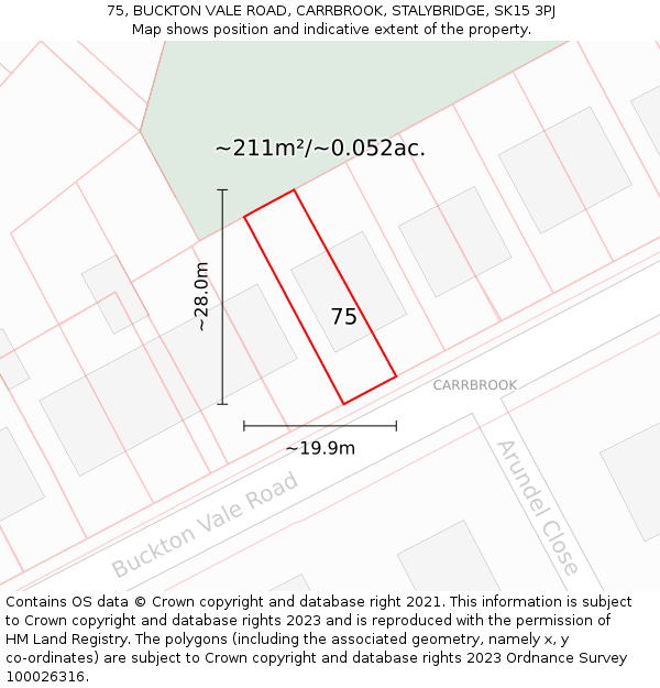 75, BUCKTON VALE ROAD, CARRBROOK, STALYBRIDGE, SK15 3PJ: Plot and title map