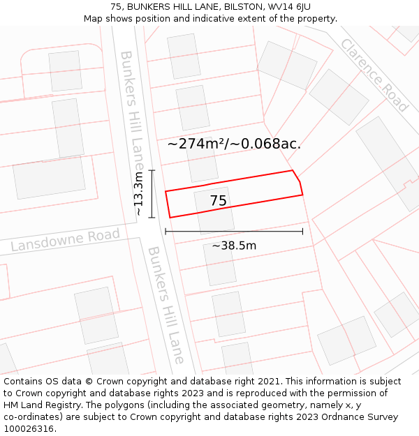 75, BUNKERS HILL LANE, BILSTON, WV14 6JU: Plot and title map