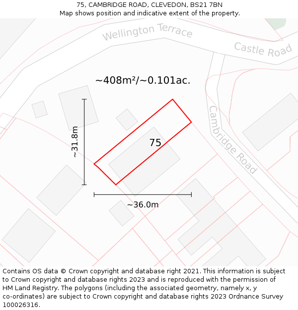 75, CAMBRIDGE ROAD, CLEVEDON, BS21 7BN: Plot and title map