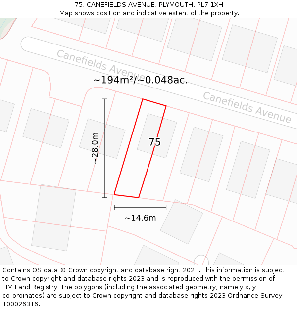 75, CANEFIELDS AVENUE, PLYMOUTH, PL7 1XH: Plot and title map