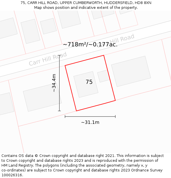 75, CARR HILL ROAD, UPPER CUMBERWORTH, HUDDERSFIELD, HD8 8XN: Plot and title map