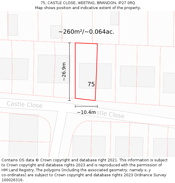 75, CASTLE CLOSE, WEETING, BRANDON, IP27 0RQ: Plot and title map