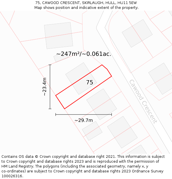 75, CAWOOD CRESCENT, SKIRLAUGH, HULL, HU11 5EW: Plot and title map