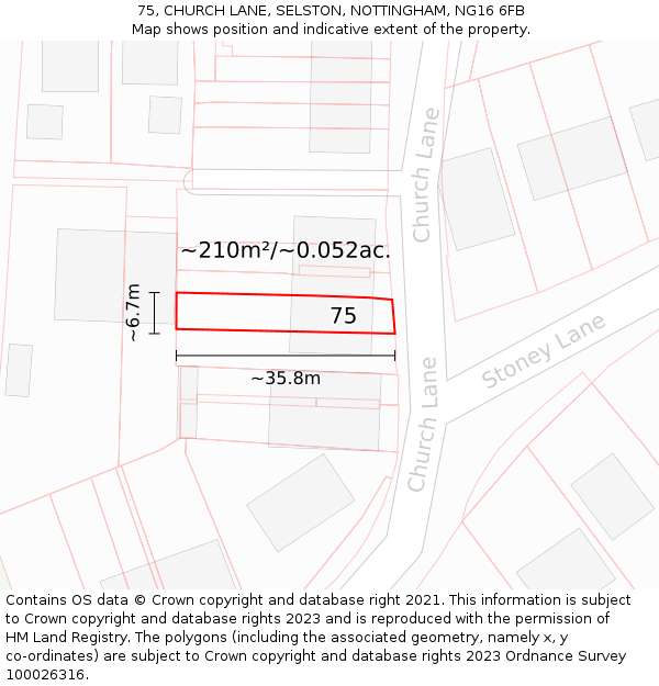 75, CHURCH LANE, SELSTON, NOTTINGHAM, NG16 6FB: Plot and title map