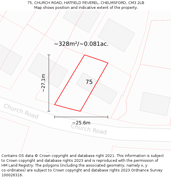 75, CHURCH ROAD, HATFIELD PEVEREL, CHELMSFORD, CM3 2LB: Plot and title map