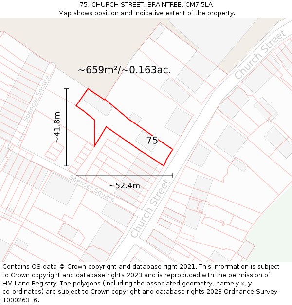 75, CHURCH STREET, BRAINTREE, CM7 5LA: Plot and title map