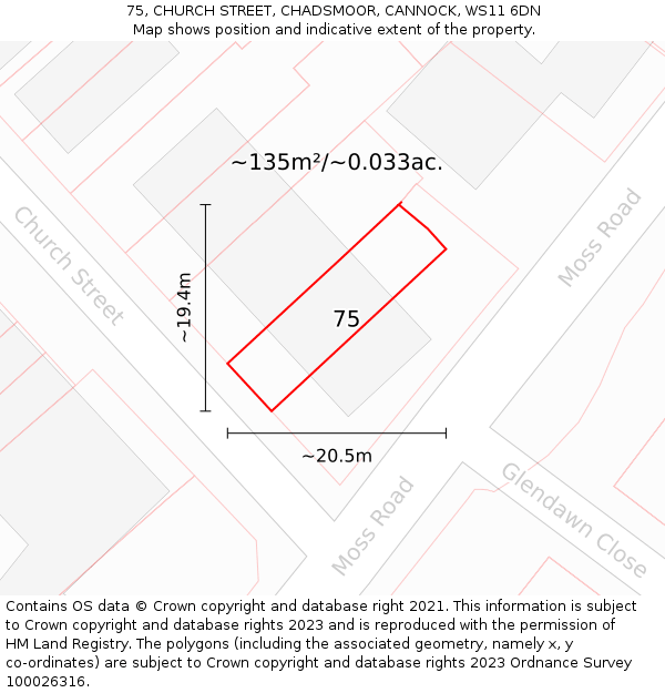 75, CHURCH STREET, CHADSMOOR, CANNOCK, WS11 6DN: Plot and title map