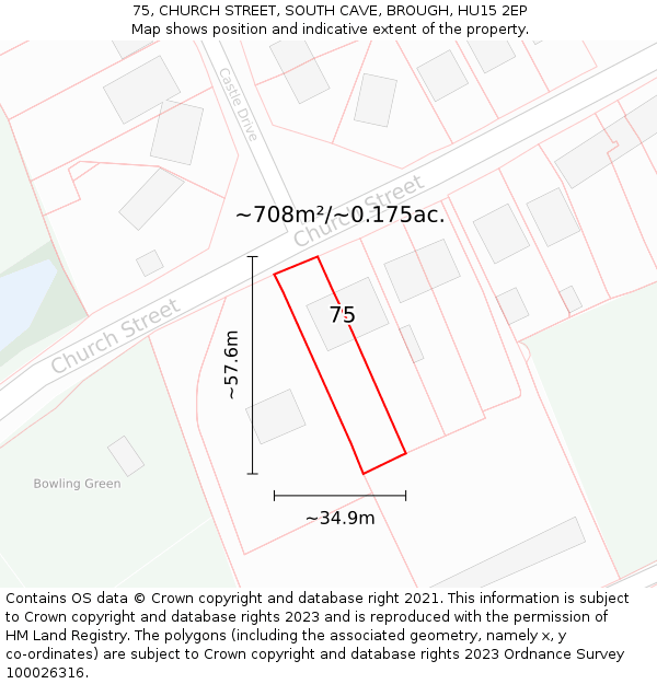 75, CHURCH STREET, SOUTH CAVE, BROUGH, HU15 2EP: Plot and title map