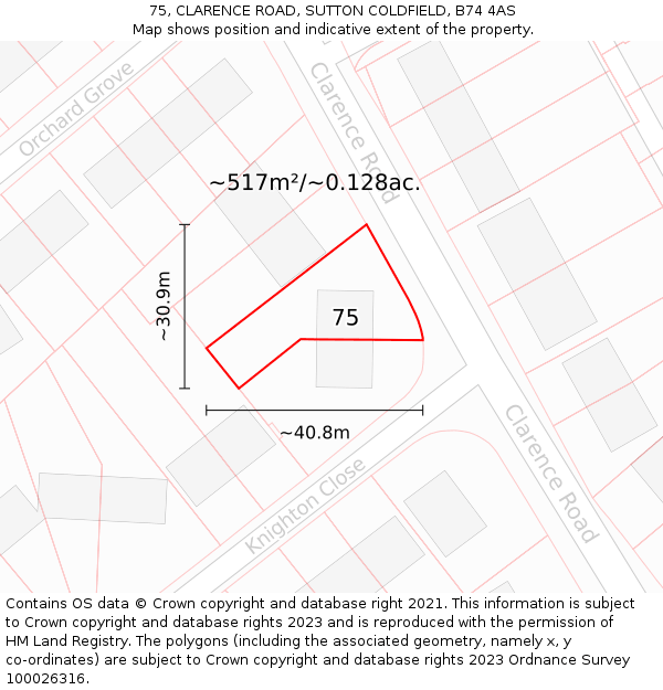 75, CLARENCE ROAD, SUTTON COLDFIELD, B74 4AS: Plot and title map