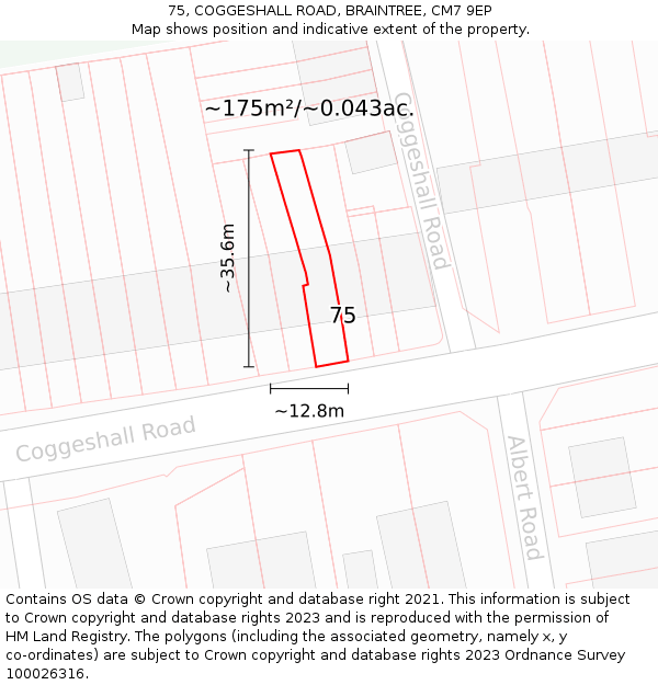 75, COGGESHALL ROAD, BRAINTREE, CM7 9EP: Plot and title map