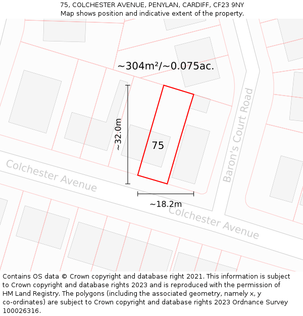 75, COLCHESTER AVENUE, PENYLAN, CARDIFF, CF23 9NY: Plot and title map