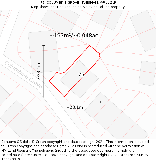 75, COLUMBINE GROVE, EVESHAM, WR11 2LR: Plot and title map