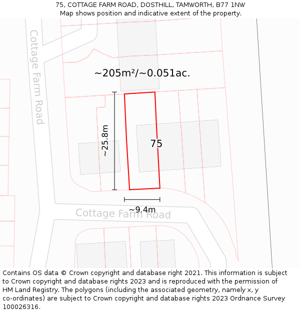 75, COTTAGE FARM ROAD, DOSTHILL, TAMWORTH, B77 1NW: Plot and title map