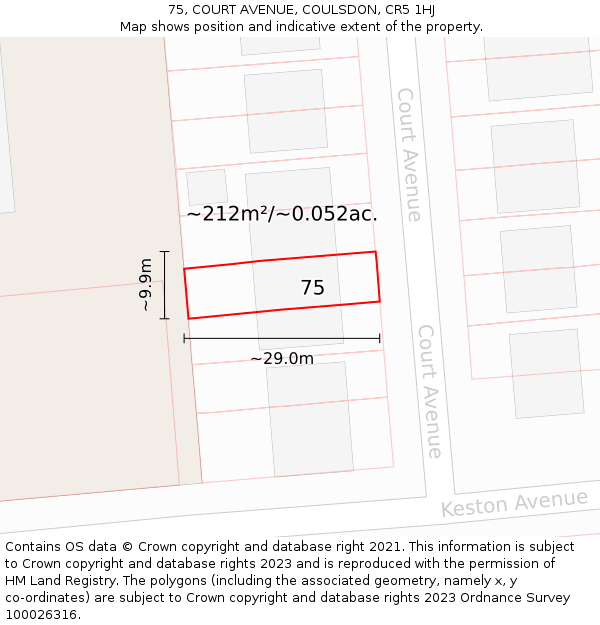 75, COURT AVENUE, COULSDON, CR5 1HJ: Plot and title map