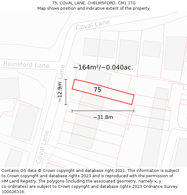 75, COVAL LANE, CHELMSFORD, CM1 1TG: Plot and title map