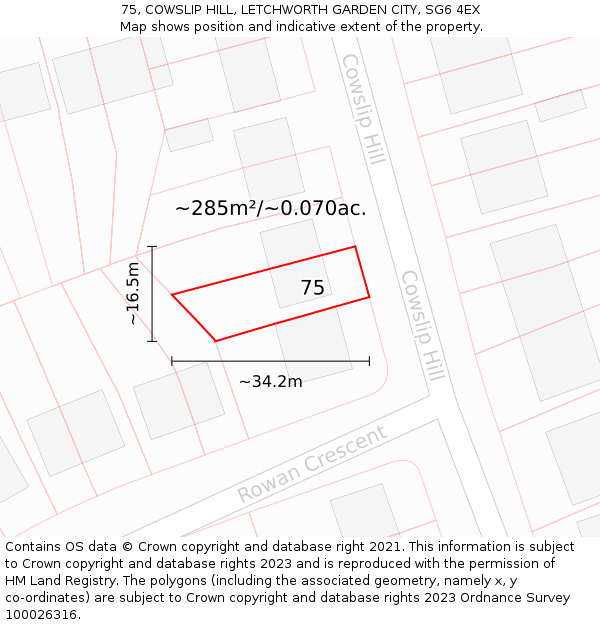 75, COWSLIP HILL, LETCHWORTH GARDEN CITY, SG6 4EX: Plot and title map