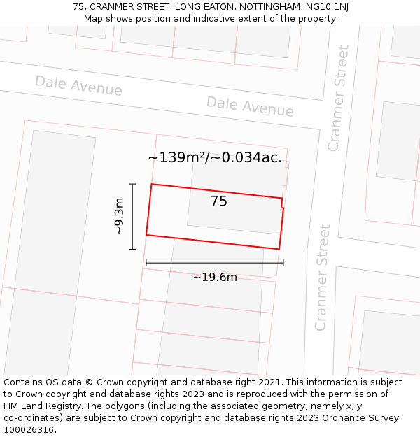 75, CRANMER STREET, LONG EATON, NOTTINGHAM, NG10 1NJ: Plot and title map