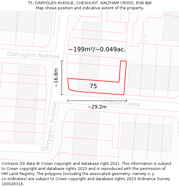 75, DAIRYGLEN AVENUE, CHESHUNT, WALTHAM CROSS, EN8 8JW: Plot and title map