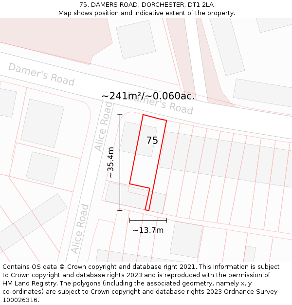 75, DAMERS ROAD, DORCHESTER, DT1 2LA: Plot and title map