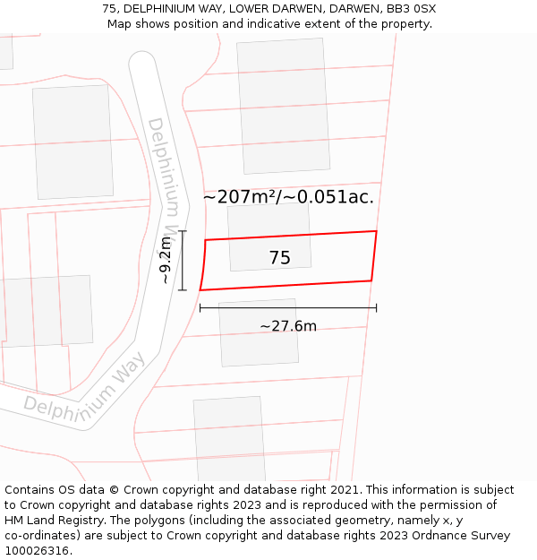 75, DELPHINIUM WAY, LOWER DARWEN, DARWEN, BB3 0SX: Plot and title map