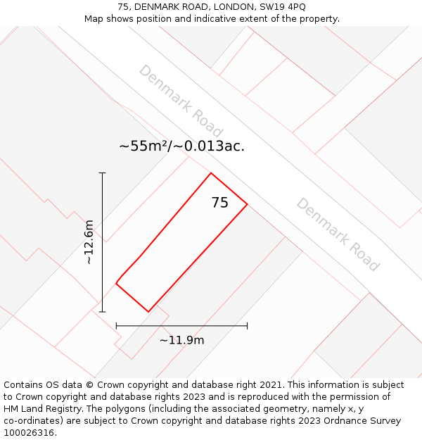 75, DENMARK ROAD, LONDON, SW19 4PQ: Plot and title map