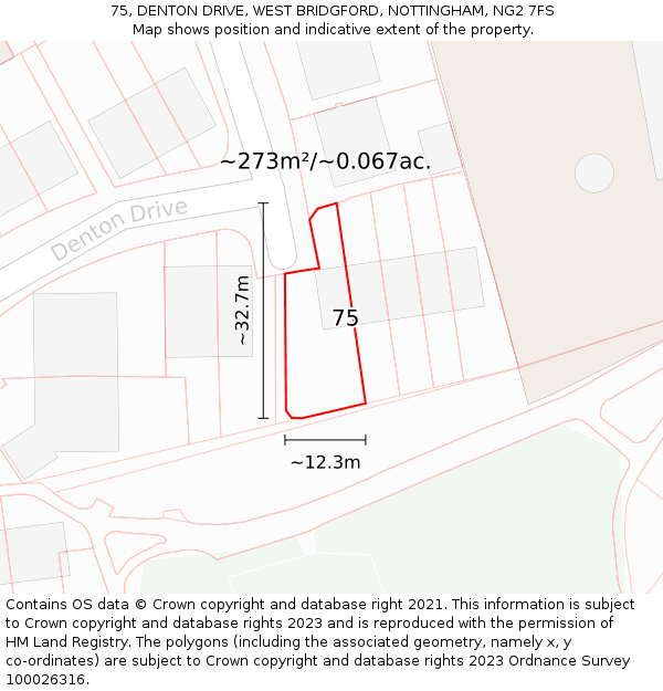 75, DENTON DRIVE, WEST BRIDGFORD, NOTTINGHAM, NG2 7FS: Plot and title map