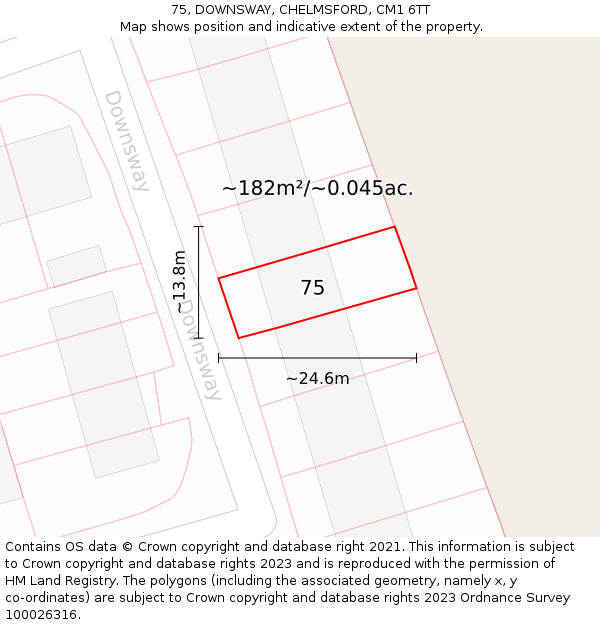 75, DOWNSWAY, CHELMSFORD, CM1 6TT: Plot and title map