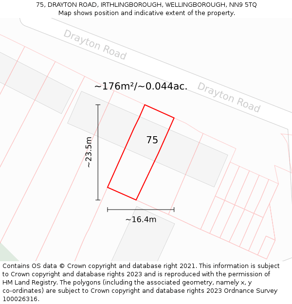 75, DRAYTON ROAD, IRTHLINGBOROUGH, WELLINGBOROUGH, NN9 5TQ: Plot and title map