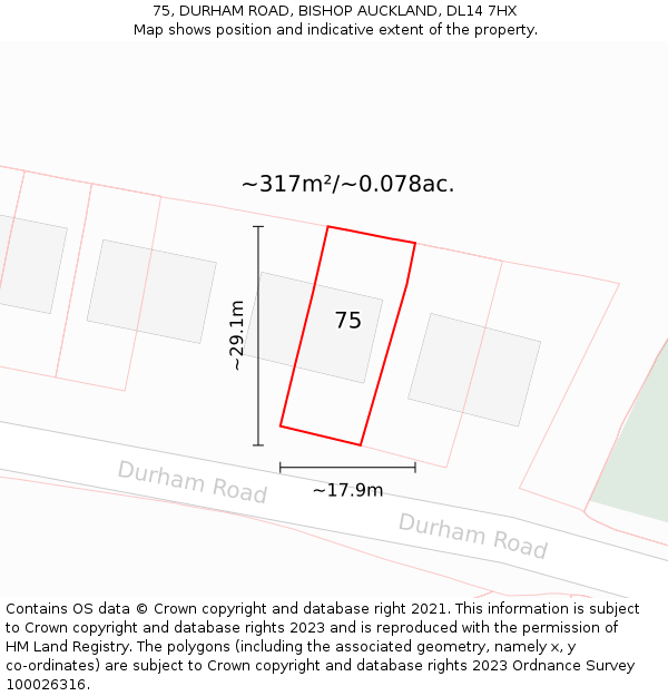 75, DURHAM ROAD, BISHOP AUCKLAND, DL14 7HX: Plot and title map