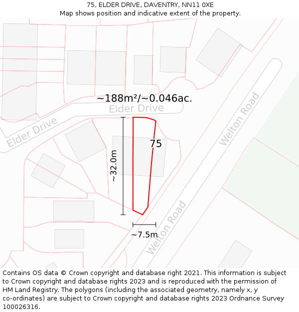 75, ELDER DRIVE, DAVENTRY, NN11 0XE: Plot and title map