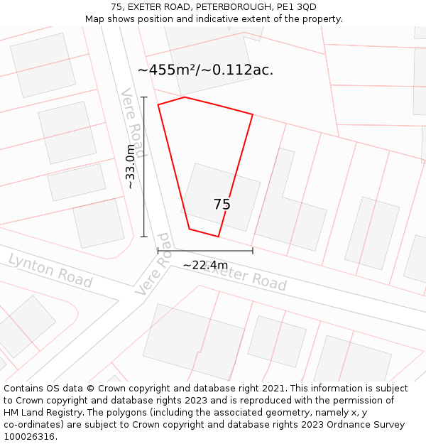 75, EXETER ROAD, PETERBOROUGH, PE1 3QD: Plot and title map