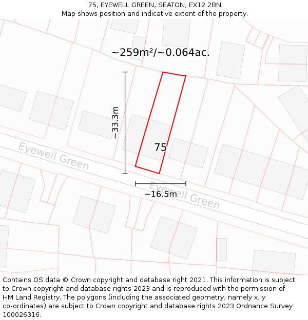 75, EYEWELL GREEN, SEATON, EX12 2BN: Plot and title map