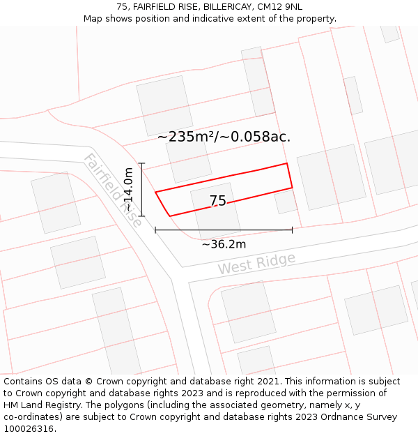 75, FAIRFIELD RISE, BILLERICAY, CM12 9NL: Plot and title map