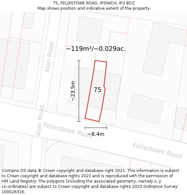 75, FELIXSTOWE ROAD, IPSWICH, IP3 8DZ: Plot and title map