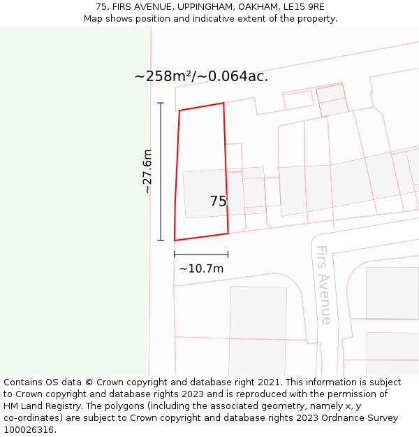 75, FIRS AVENUE, UPPINGHAM, OAKHAM, LE15 9RE: Plot and title map