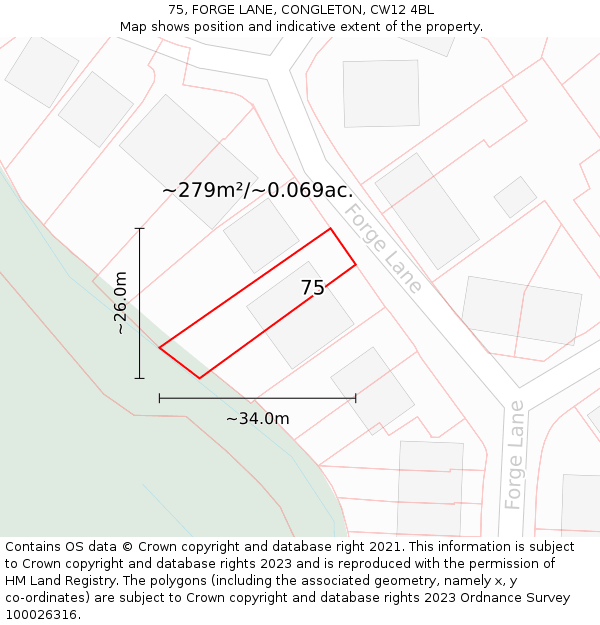 75, FORGE LANE, CONGLETON, CW12 4BL: Plot and title map