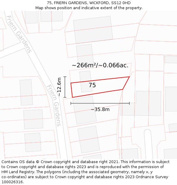 75, FRIERN GARDENS, WICKFORD, SS12 0HD: Plot and title map