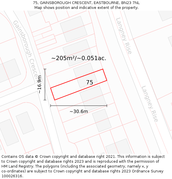 75, GAINSBOROUGH CRESCENT, EASTBOURNE, BN23 7NL: Plot and title map