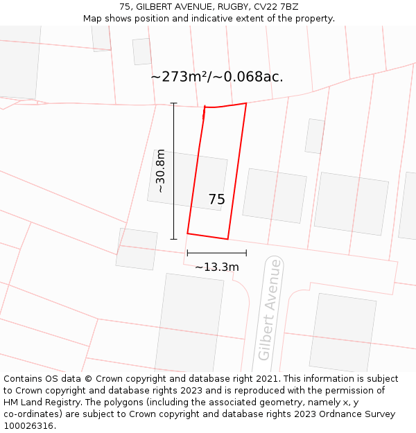 75, GILBERT AVENUE, RUGBY, CV22 7BZ: Plot and title map