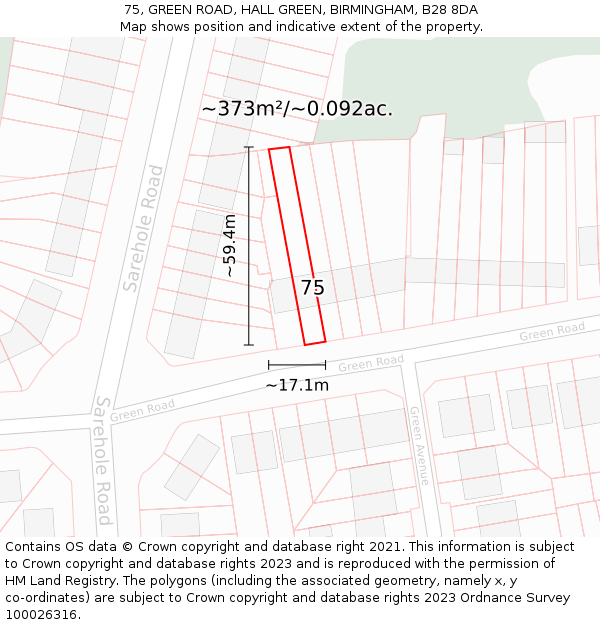 75, GREEN ROAD, HALL GREEN, BIRMINGHAM, B28 8DA: Plot and title map