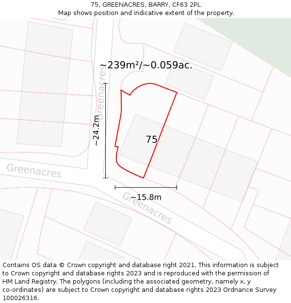 75, GREENACRES, BARRY, CF63 2PL: Plot and title map